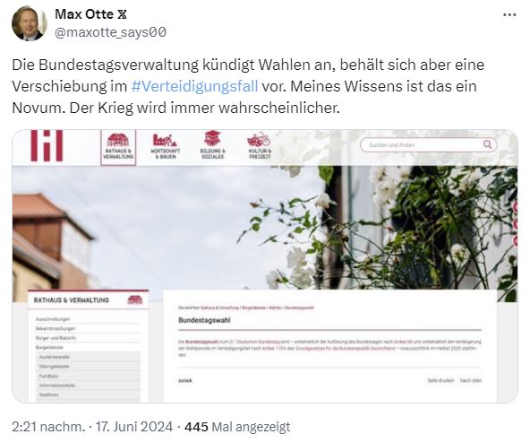 Keine Bundestagswahl im Kriegsfall? – mimikama.org Screenshot X / Max Otte