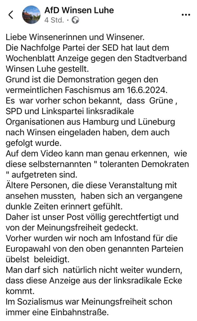 Ermittlungen wegen Facebook-Post: AfD Winsen im Visier der Staatsanwaltschaft – mimikama.org Ermittlungen wegen Facebook-Post: AfD Winsen im Visier der Staatsanwaltschaft