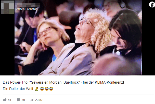 Schlafende Politikerinnen bei der Klimakonferenz: Gewessler ist nicht auf dem Foto zu sehen – mimikama.org Screenshot der Behauptung auf Facebook (hier archiviert)