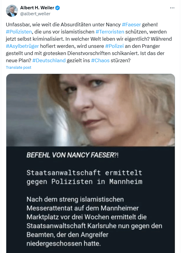Ermittlungen zum Einsatz von Schusswaffen durch die Polizei sind Normalfall - auch in Mannheim – mimikama.org Screenshot der Behauptung auf X (hier archiviert)