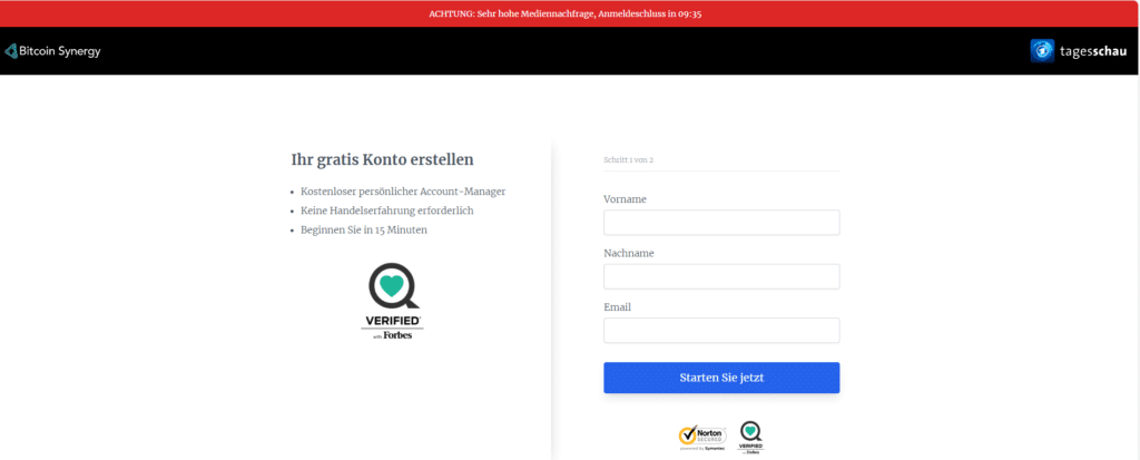 Maybrit Illner: Falschmeldung über angeblichen Tod zu Werbezwecken – mimikama.org Screenshot der Anmeldeseite der Investment-Seite