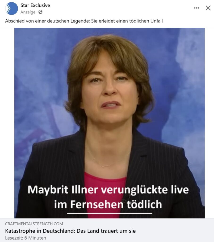 Maybrit Illner: Falschmeldung über angeblichen Tod zu Werbezwecken – mimikama.org Screenshot des fraglichen Posts / Facebook-Anzeige