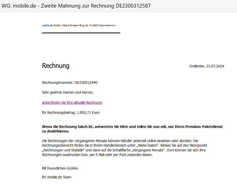 Fake "mobile.de"-Rechnung verbreitet Malware mittels Fake-Rechnung