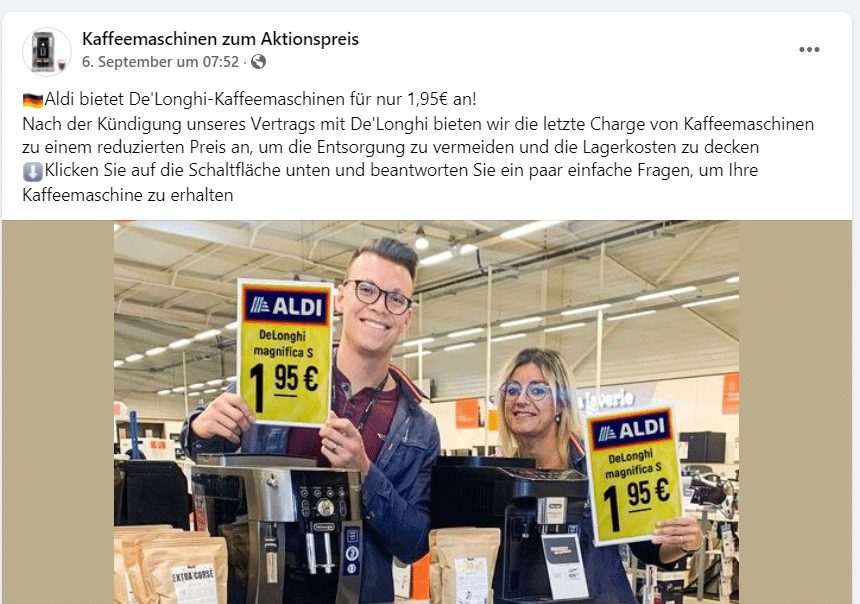 Fake-Facebook Seite mit angeblichen De'Longhi-Kaffeemaschinen-Angebot