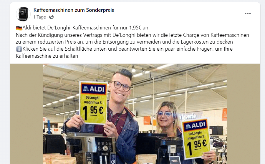 Fake-Facebook Seite mit angeblichen De'Longhi-Kaffeemaschinen-Angebot