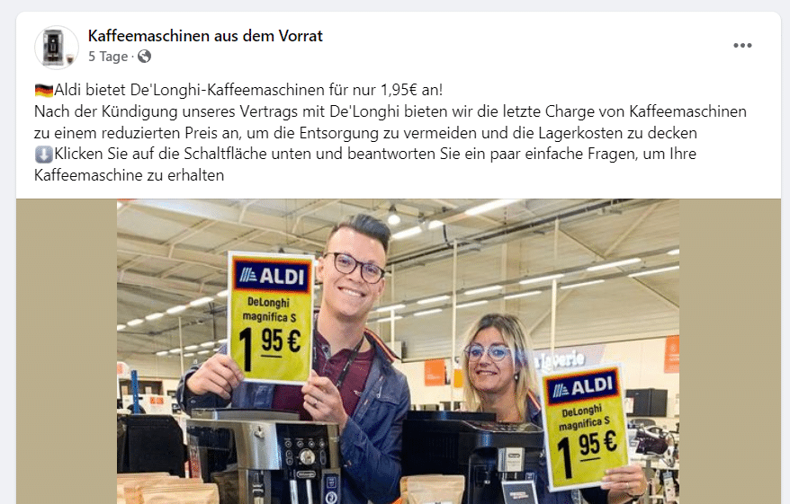 Fake-Facebook Seite mit angeblichen De'Longhi-Kaffeemaschinen-Angebot
