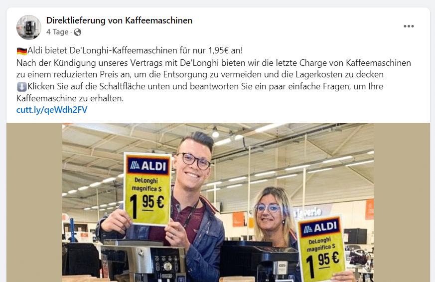 Fake-Facebook Seite mit angeblichen De'Longhi-Kaffeemaschinen-Angebot