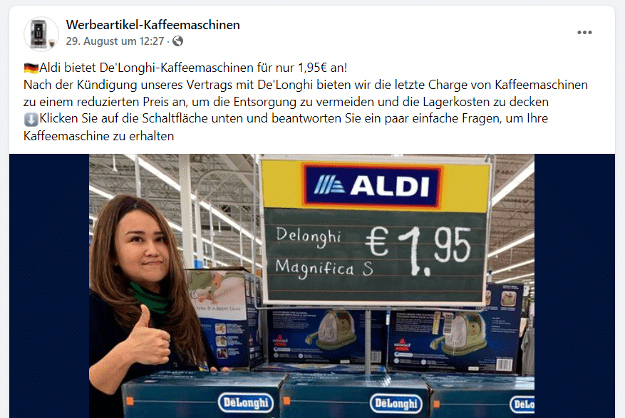 Fake-Facebook Seite mit angeblichen De'Longhi-Kaffeemaschinen-Angebot