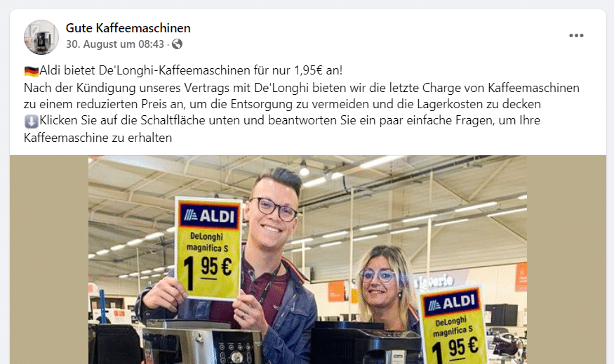 Fake-Facebook Seite mit angeblichen De'Longhi-Kaffeemaschinen-Angebot