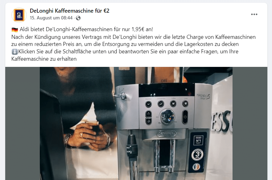 Fake-Facebook Seite mit angeblichen De'Longhi-Kaffeemaschinen-Angebot