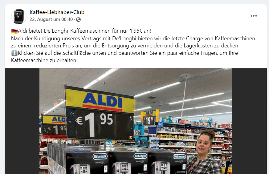 Fake-Facebook Seite mit angeblichen De'Longhi-Kaffeemaschinen-Angebot