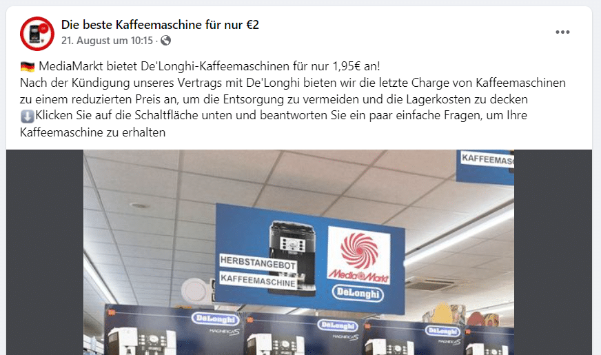 Fake-Facebook Seite mit angeblichen De'Longhi-Kaffeemaschinen-Angebot