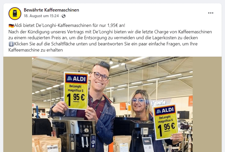 Fake-Facebook Seite mit angeblichen De'Longhi-Kaffeemaschinen-Angebot