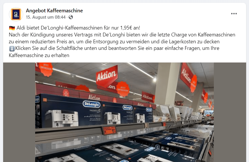 Fake-Facebook Seite mit angeblichen De'Longhi-Kaffeemaschinen-Angebot