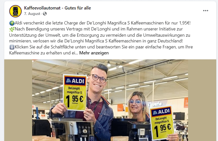 Fake-Facebook Seite mit angeblichen De'Longhi-Kaffeemaschinen-Angebot