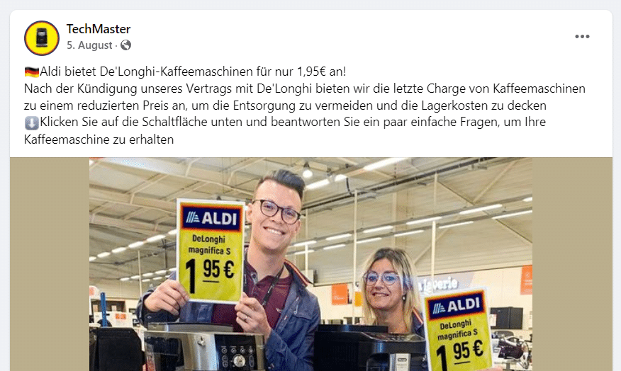 Fake-Facebook Seite mit angeblichen De'Longhi-Kaffeemaschinen-Angebot