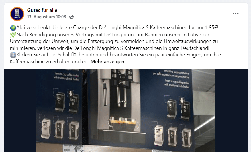 Fake-Facebook Seite mit angeblichen De'Longhi-Kaffeemaschinen-Angebot