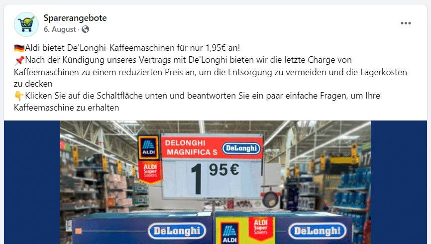 Fake-Facebook Seite mit angeblichen De'Longhi-Kaffeemaschinen-Angebot