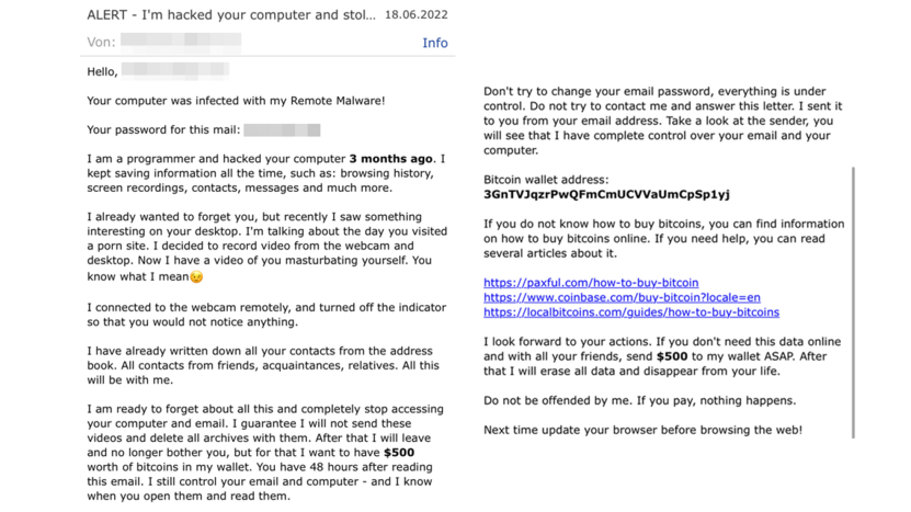 Hacker fordert die Überweisung von Bitcoins – mimikama.org Betrügerisches Erpressungsmail / Screenshot Watchlist Internet