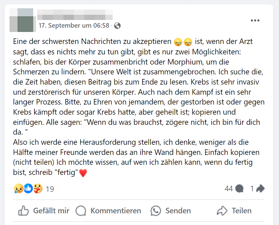 Der Krebs-Kettenbrief auf Facebook: Wie du wirklich helfen kannst – mimikama.org Screenshot: Facebook > Der Krebs-Kettenbrief auf Facebook