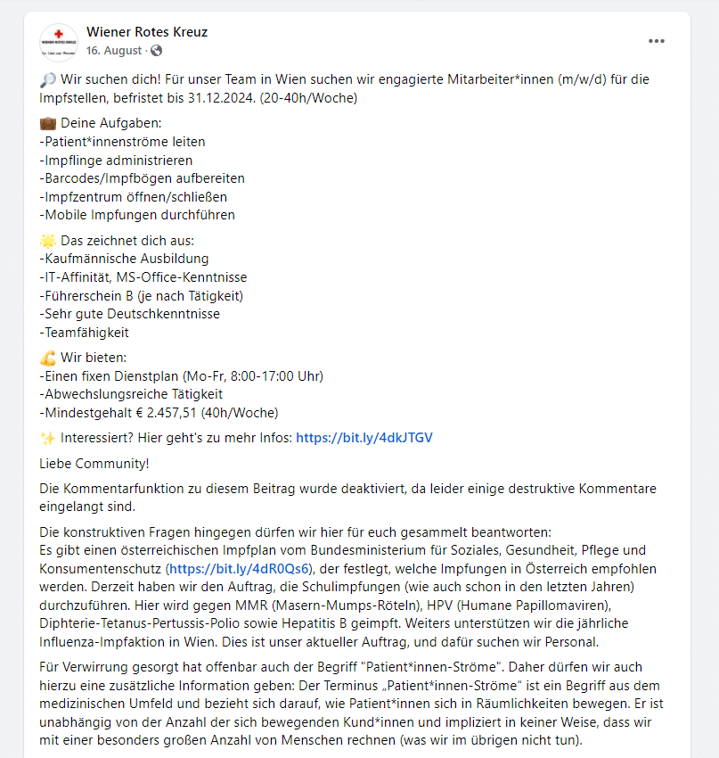 Impfpflicht nach der Nationalratswahl 2024 in Österreich? Die Wahrheit hinter den Gerüchten – mimikama.org Screenshot Facebook: Wiener Rotes Kreuz vom 16.8.2024
Impfpflicht nach der Nationalratswahl 2024 in Österreich? Die Wahrheit hinter den Gerüchten