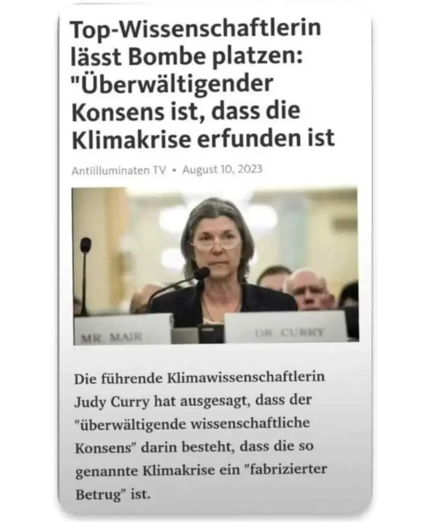 Hat Judith Curry wirklich gesagt, die Klimakrise sei erfunden? – mimikama.org Screenshot der Behauptung aus den sozialen Medien