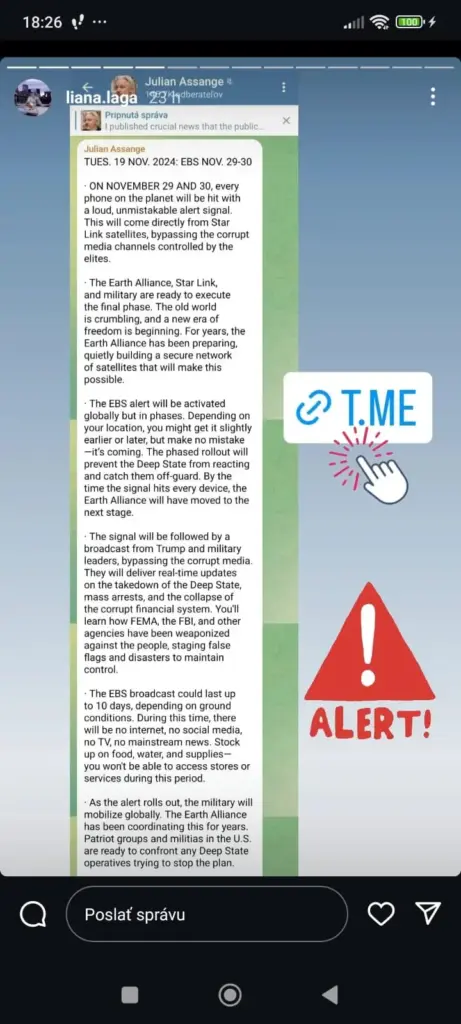 Globaler Alarm am 29. November? Der Faktencheck zu einer absurden Verschwörungstheorie! – mimikama.org Screenshot der Meldung aus den sozialen Medien mit der Behauptung "ON NOVEMBER 29 AND 30, every phone on the planet will be hit with a loud, unmistakable alert signal. This will come directly from Star Link satellites, bypassing the corrupt media channels controlled by the elites..."