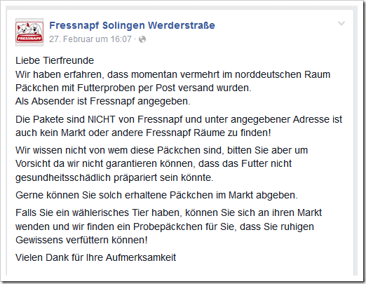 Vergiftete Futterproben von Fressnapf? Eine urbane Legende lebt weiter – mimikama.org Ursprung und Verbreitung des Gerüchts der angeblich vergifteten Futterproben von Fressnapf!