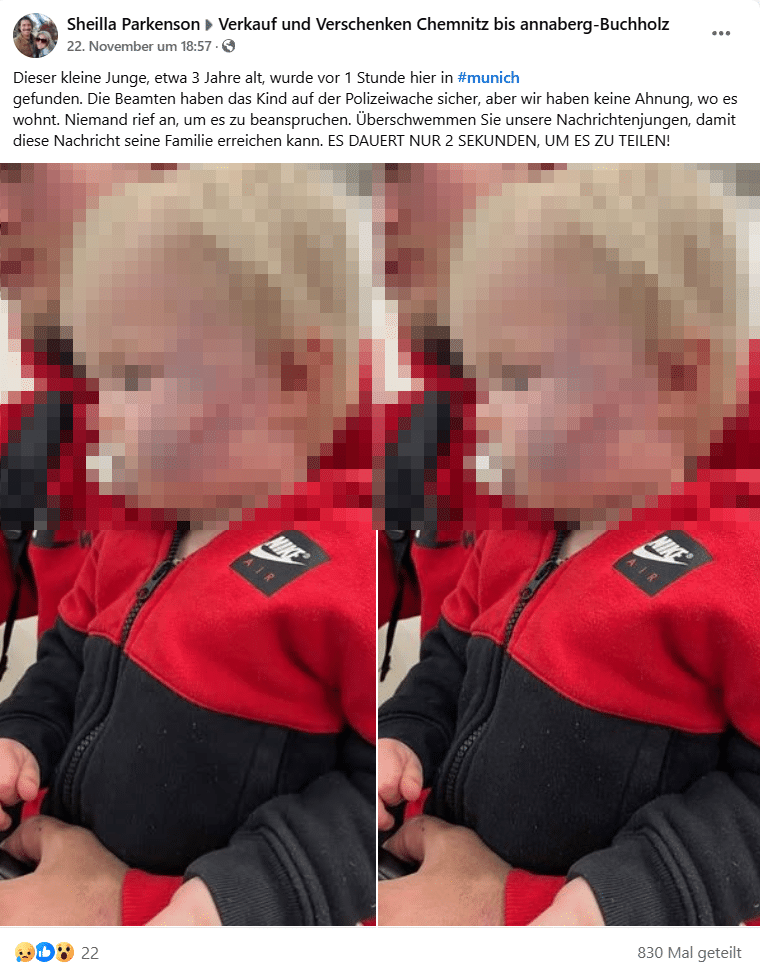 Gefälschte Facebook-Anzeige über angeblich gefundene Kinder.