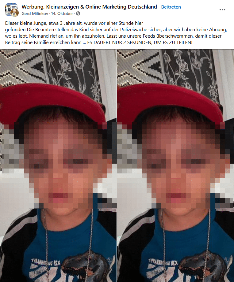 Gefälschte Meldungen über gefundene Kinder auf Facebook.