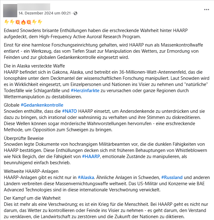 Satire über Snowden und HAARP: Alte Geschichte, neue Verwirrung – mimikama.org Screenshot der Behauptung auf Facebook (hier archiviert)