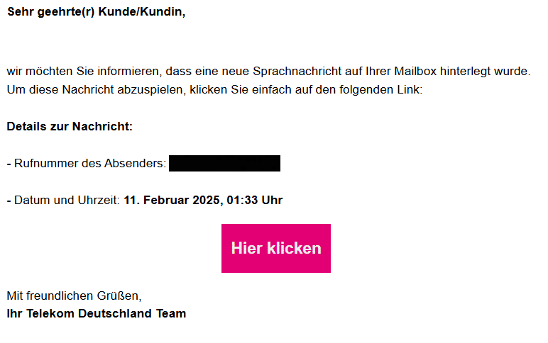 Achtung, Telekom-Kunden: Neue Betrugsmasche mit gefälschten Voicemail-Mails! – mimikama.org Screenshot der Fake-Nachricht
