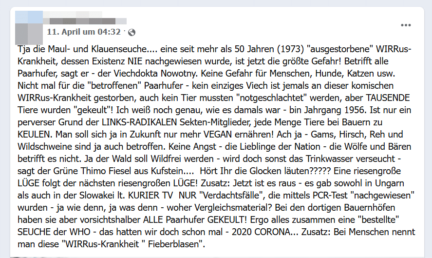 Maul- und Klauenseuche: Fake News gefährden Tiere und Betriebe – mimikama.org Screenshot: Facebook Maul- und Klauenseuche: Fake News gefährden Tiere und Betriebe