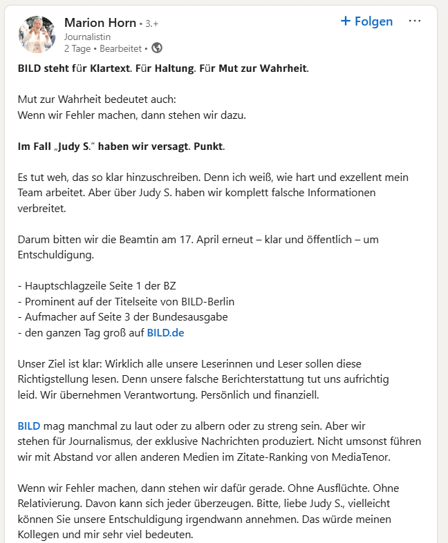 Fake-News: Wie „Bild“ die Polizistin Judy S. zur Zielscheibe machte – mimikama.org Screenshot: Marion Horn / linkedin