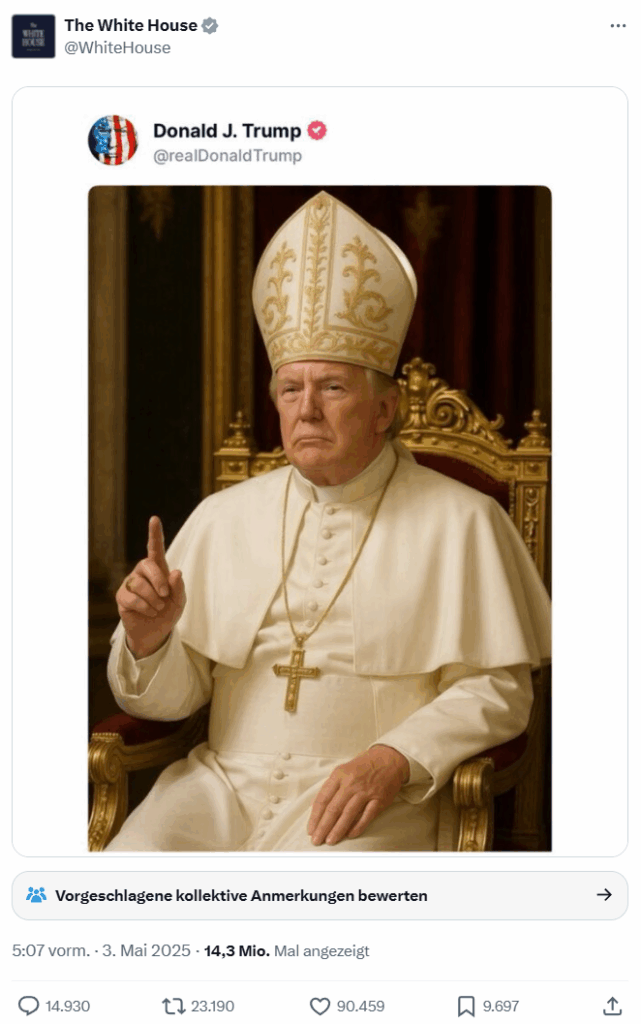 Trump als Papst: Ein KI-generiertes Bild, das ihn als Papst zeigt. Mit Mitra. Mit Thron. Mit dem päpstlichen Zeigefinger gen Himmel.