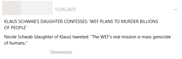WEF-Verschwörung: Das angebliche Geständnis von Nicole Schwab ist frei erfunden. – mimikama.org Screenshot der falschen Behauptung auf Threads