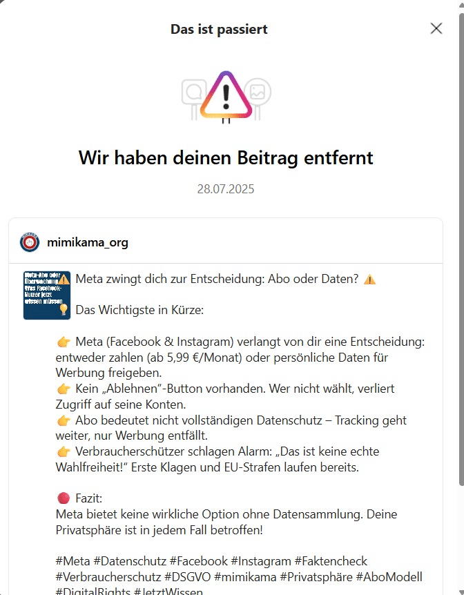 Screenshot: Instagram 
Meta löscht unseren Faktencheck über Meta – weil Transparenz offenbar zu viel verlangt ist