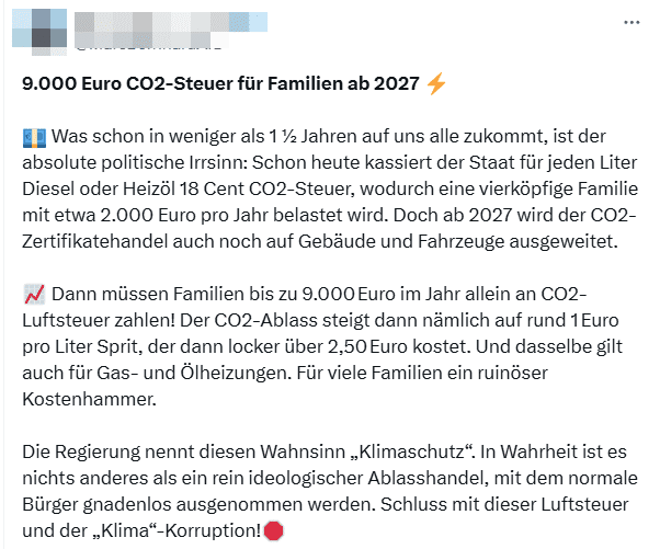 9.000 Euro CO₂-Steuer für Familien? – Eine dreiste Lüge – mimikama.org Screenshot der fraglichen Behauptung auf X