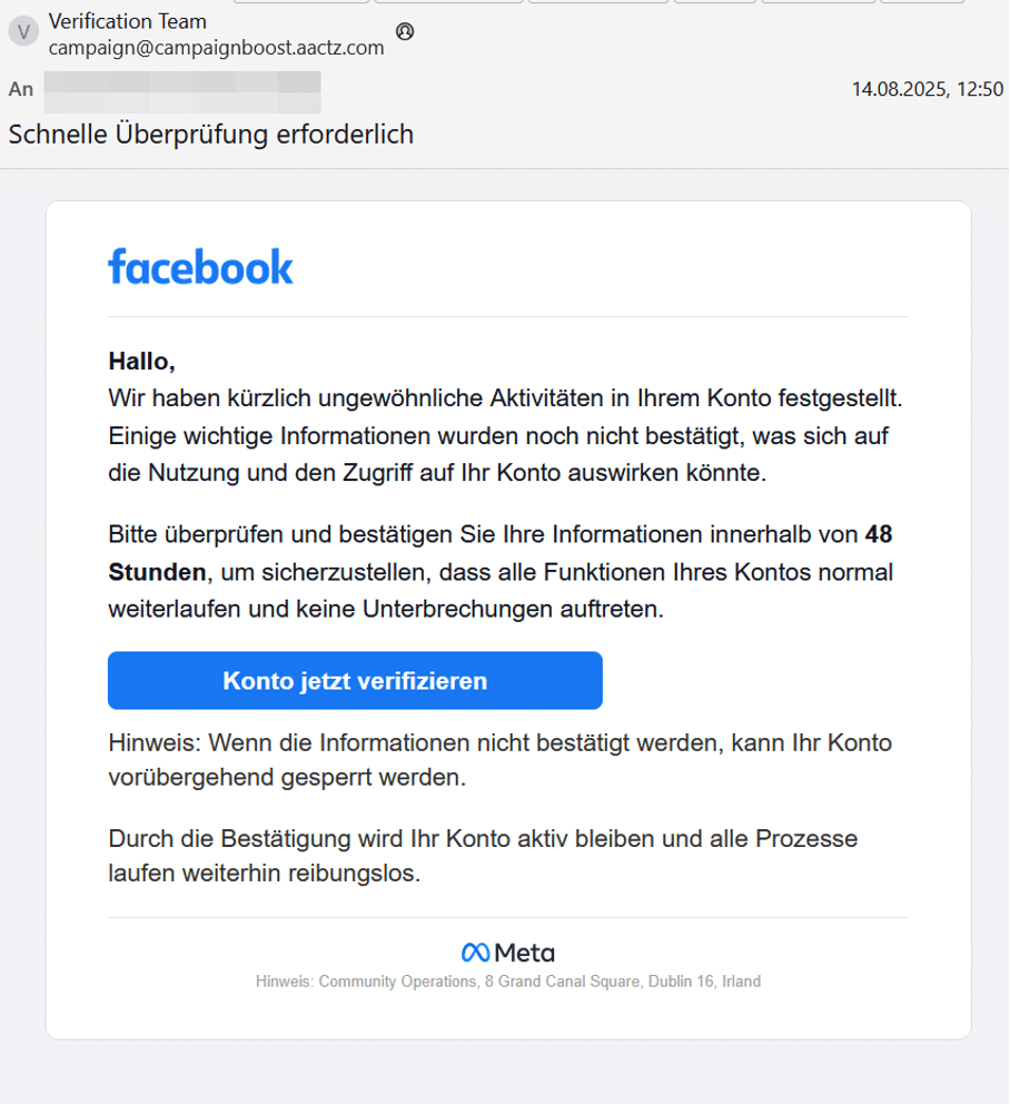 Screenshot eines gefälschten Meta- bzw. Facebook-Mails