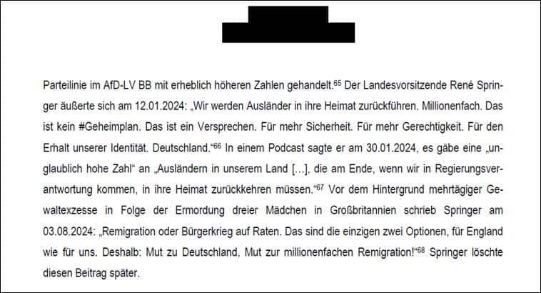 AfD Brandenburg gilt als rechtsextrem: Das steht wirklich im Verfassungsschutzbericht – mimikama.org Screenshot aus dem Einstufungsvermerk (S. 22):
Der Brandenburger Landesvorsitzende René Springer spricht offen von „millionenfacher Remigration“ – eine Formulierung, die aus dem Sprachgebrauch rechtsextremer Ideologie stammt.