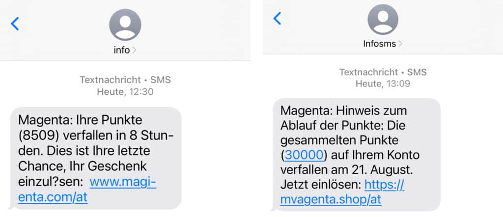 Screenshots der gefälschten Magenta-SMS