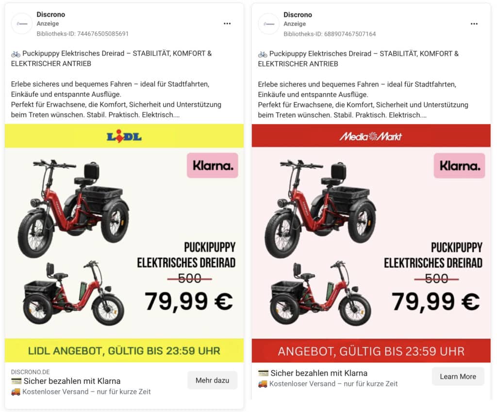 Unterschiedliche Werbeanzeigen auf Facebook / Screenshot: Werbebibliothek der FB-Seite Discrono