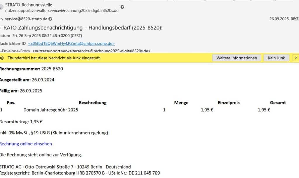 Phishing-Mail im Namen von STRATO