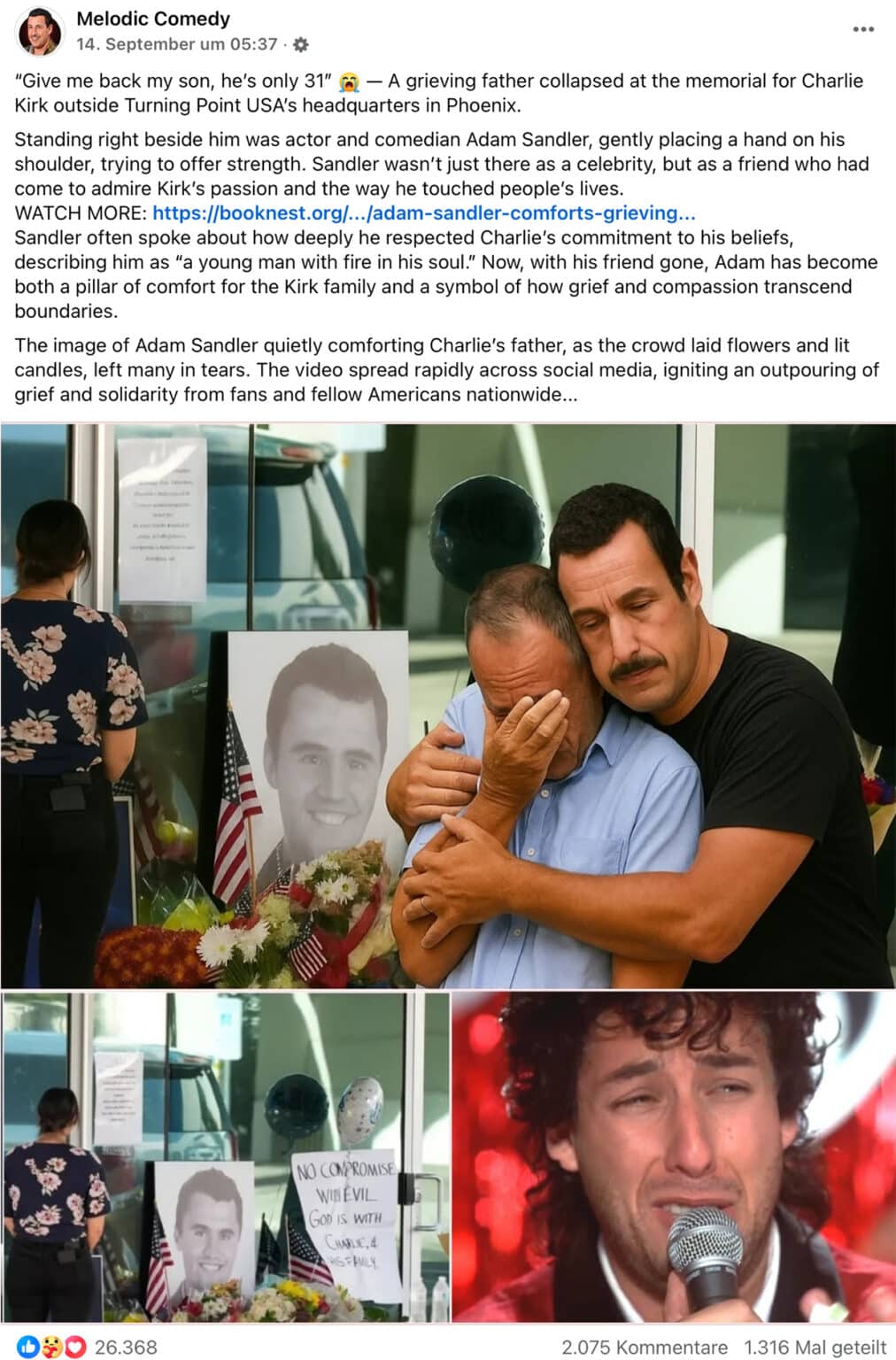 Screenshot Facebook: Charlie Kirks Vater wird von Adam Sandler getröstet: Fake-Bilder