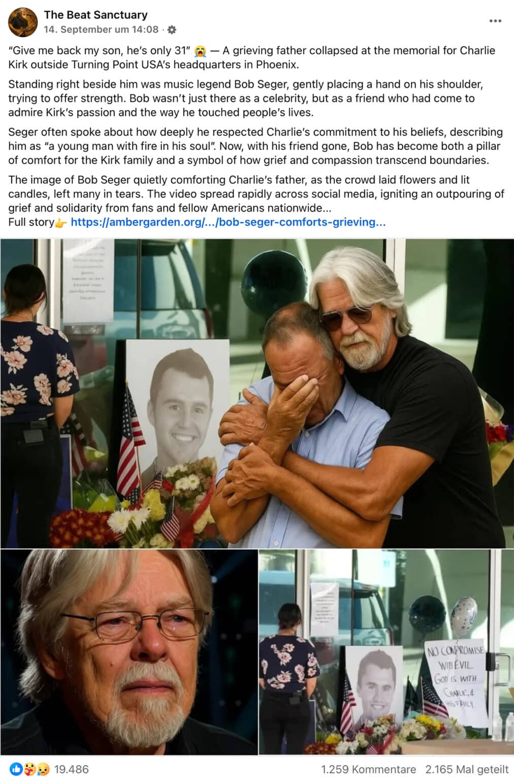 Screenshot Facebook: Charlie Kirks Vater wird von Bob Seger getröstet: Fake-Bilder