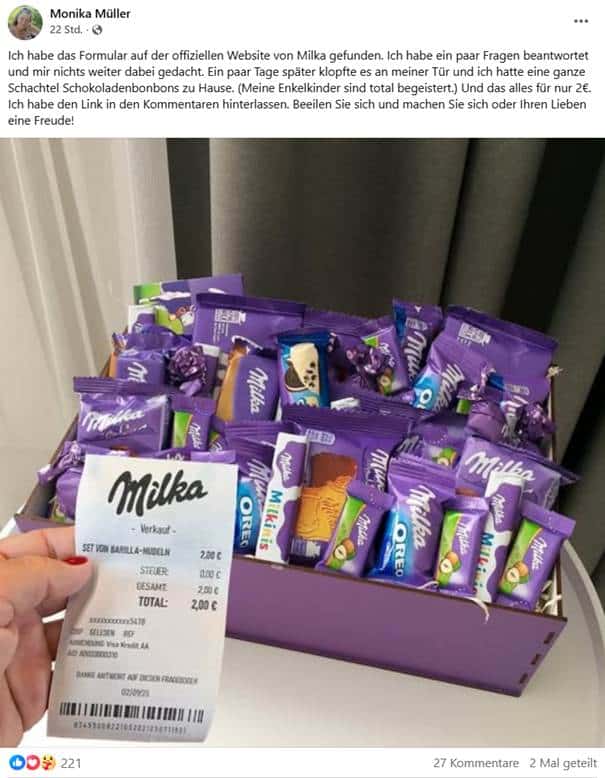 Milka für 2 €? Achtung! Diese Facebook-Aktion ist ein Betrug - Screenshot des Posts auf Social Media