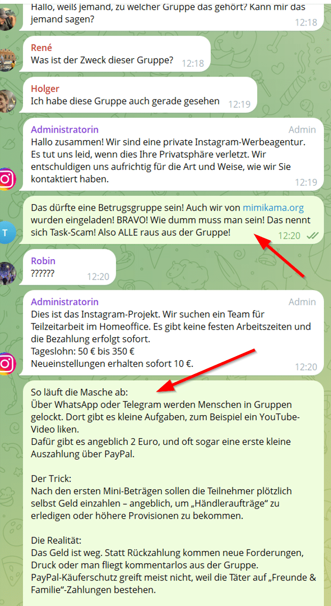 Wie wir von Mimikama bei Telegram LIVE in einen Task-Scam gerieten