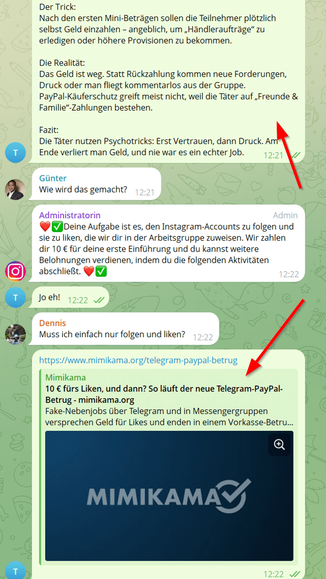 Wie wir von Mimikama bei Telegram LIVE in einen Task-Scam gerieten