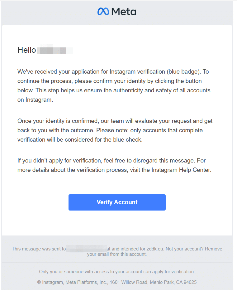 Phishing-Mail im Namen von Meta/Instagram