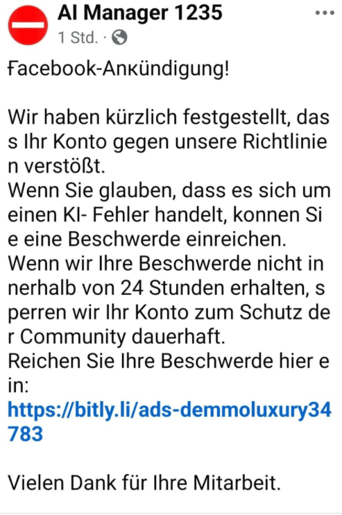 Fake-Facebook-Ankündigung mit Phishing-Link